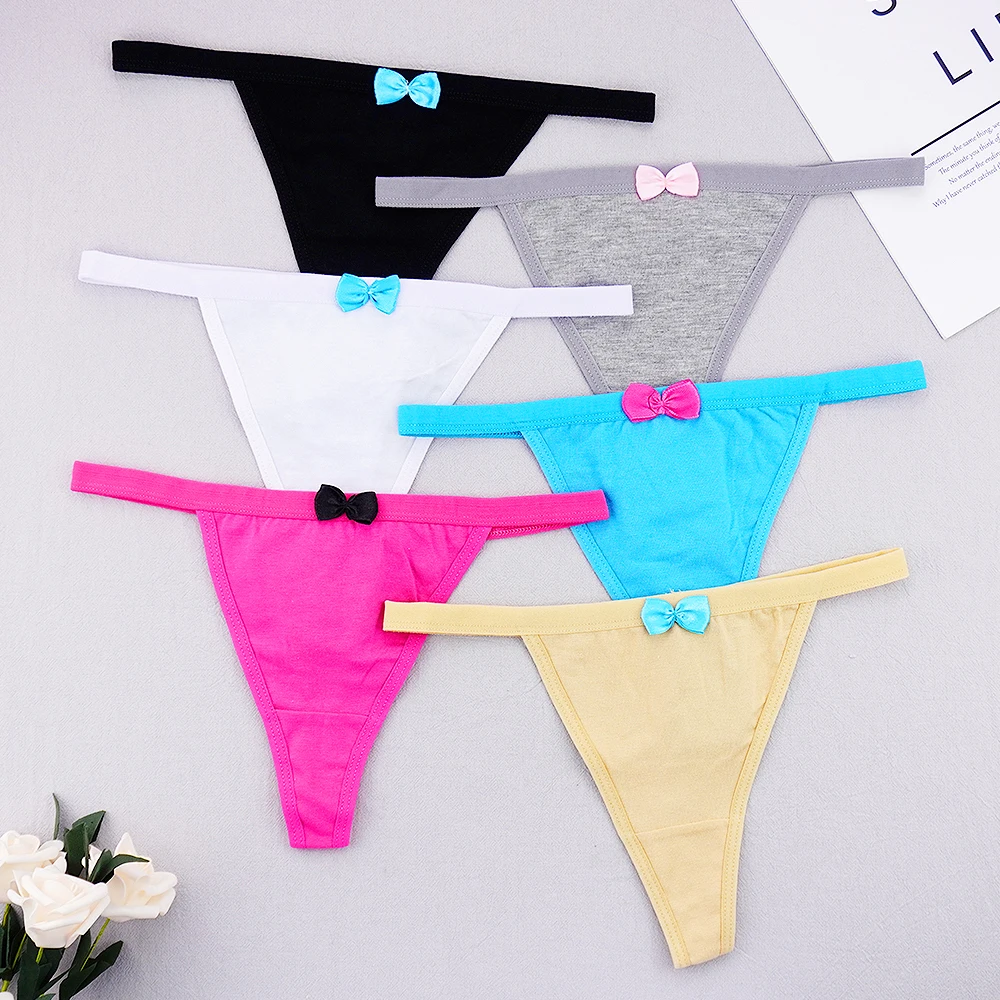 New Thin Strappy Women Thongs and G Strings Plus Size Low Rise Female Tanga Cotton Bikini with Bow Underwear Solid Color Panties