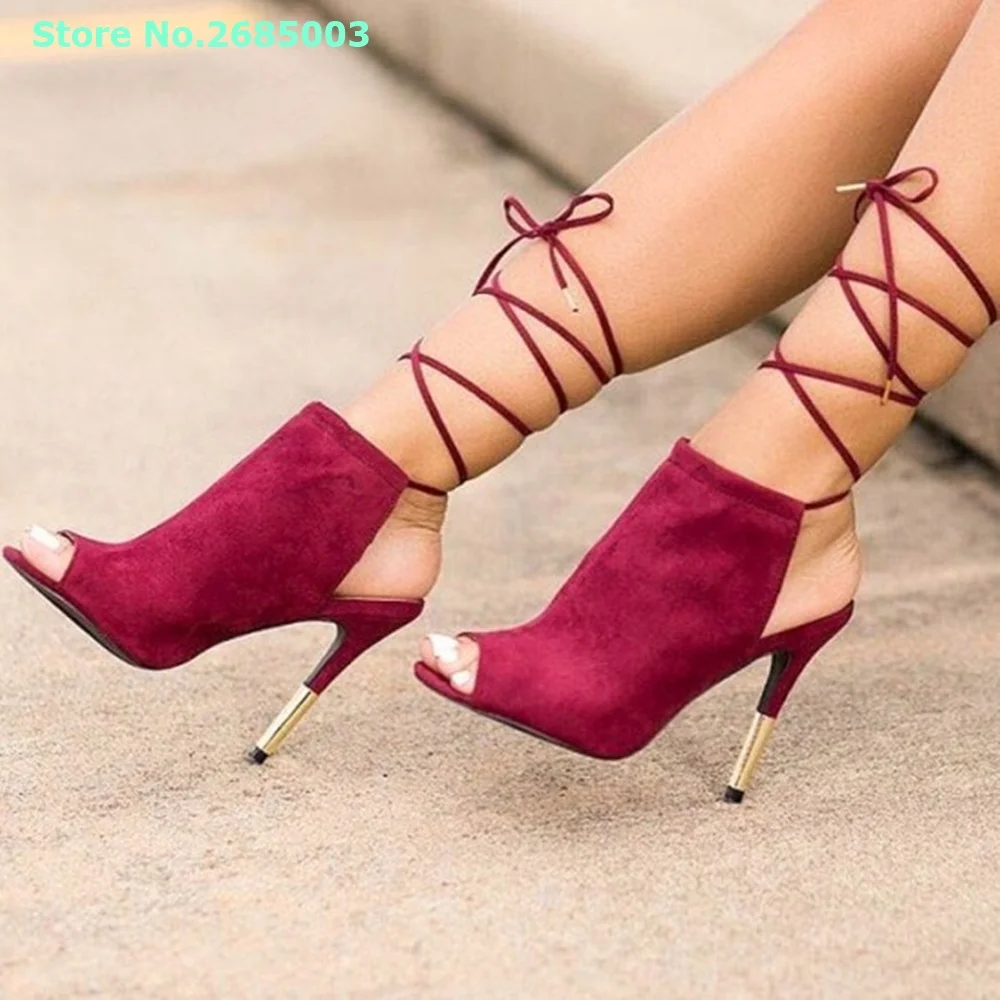 

Burgundy Peep Toe Lace Up Sandals Strappy Stiletto Heel Slingback Solid Suede Sexy Women Summer Spring Sandals Pumps Party Dress