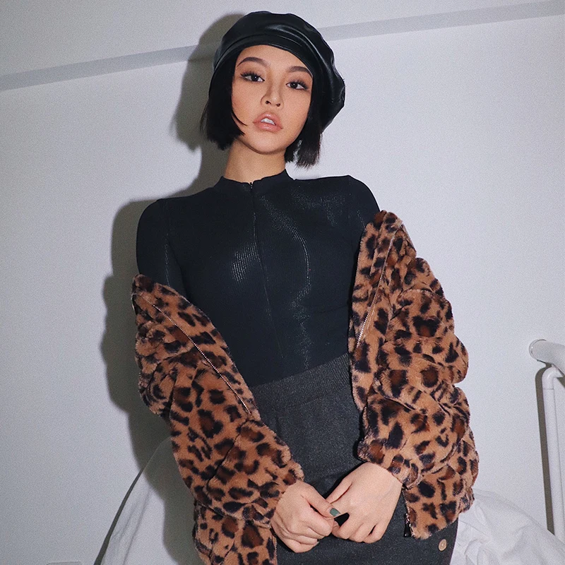 Новинка 2019 модная женская одежда трико на молнии с воротником стойкой топы