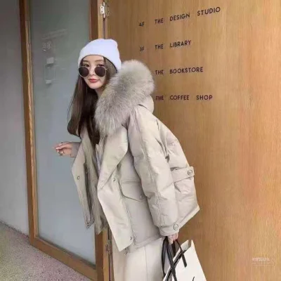 

TINT ERA Korean Fashion White Duck Jacket Down Short 2022 New Winter Large Fur Collar Loose Tooling Parker Women's Y2K