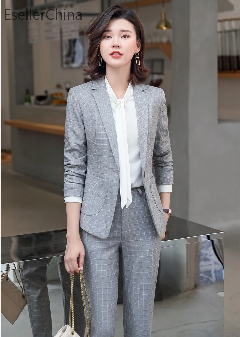 Модные серые клетчатые профессиональные деловые костюмы с комплектом из 2