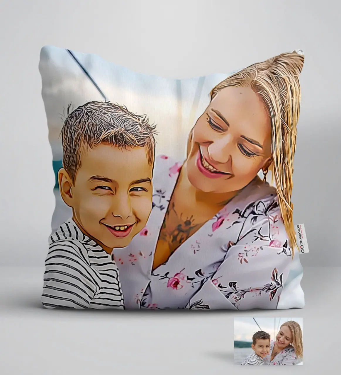 

Personalized Full Length Mother and Son Caricature Of White Yastık-1