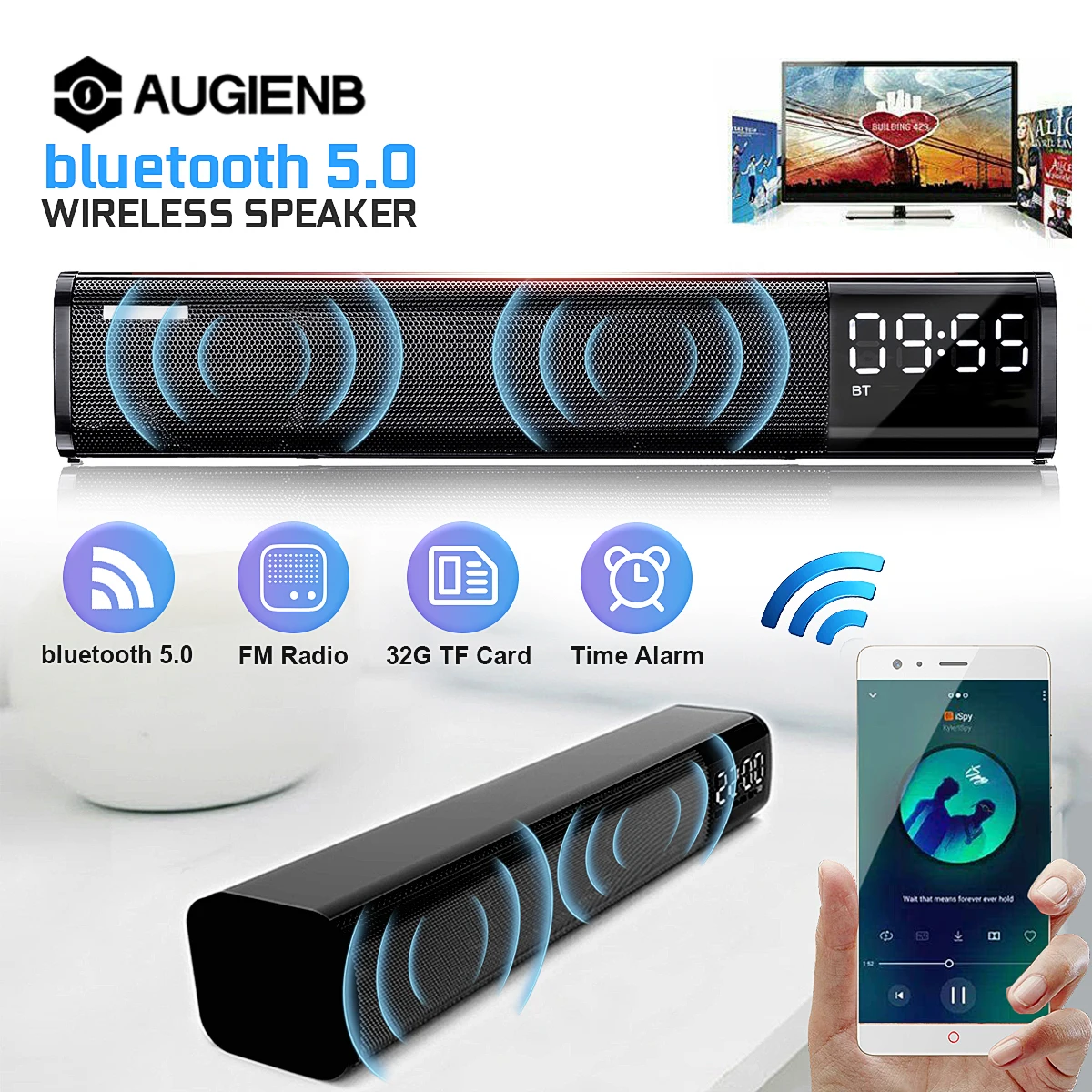 AUGIENB беспроводной bluetooth 5,0 Саундбар стерео колонки металлический портативный громкоговоритель Настольный автомобиль Handfree звуковой бар TF USB AUX-IN