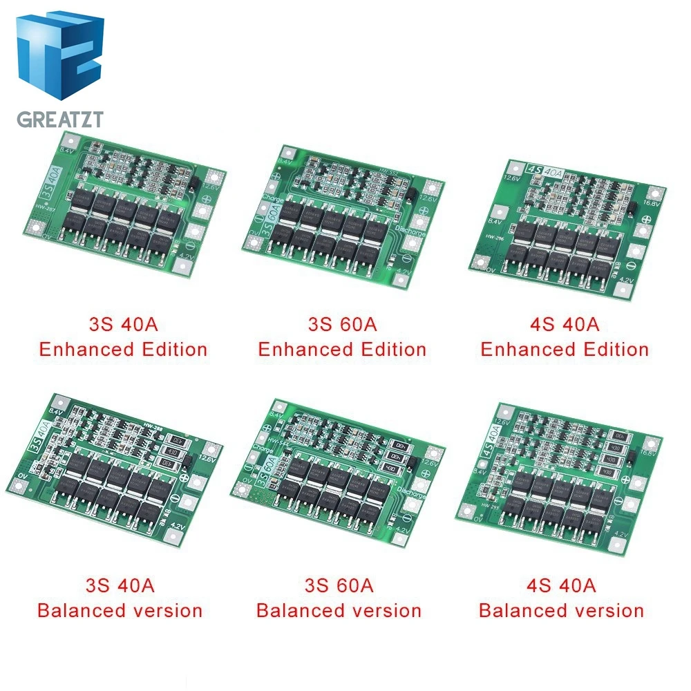 3 S/4S 40A 60A литий-ионный аккумулятор Защитная плата 18650 BMS для электродвигателя 11,1 V 12,6 V/14,8 V 16,8 V