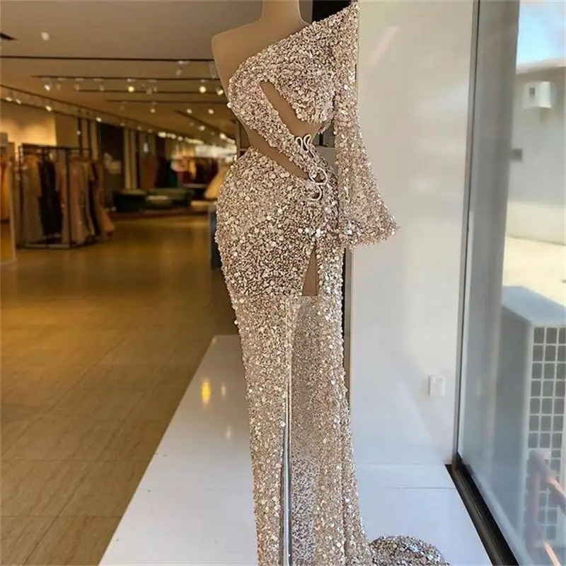 

2021 Plus Size Luxurious Sparkly Sequined Prom Dresses High Split Sheath Evening Formal Party Second Reception Gowns