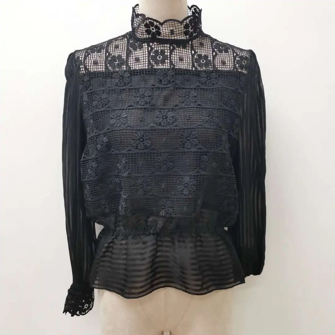 

Women Lace Blouse White or Black Long Sleeve Hollow out Sweet Tops Ladies Shirt