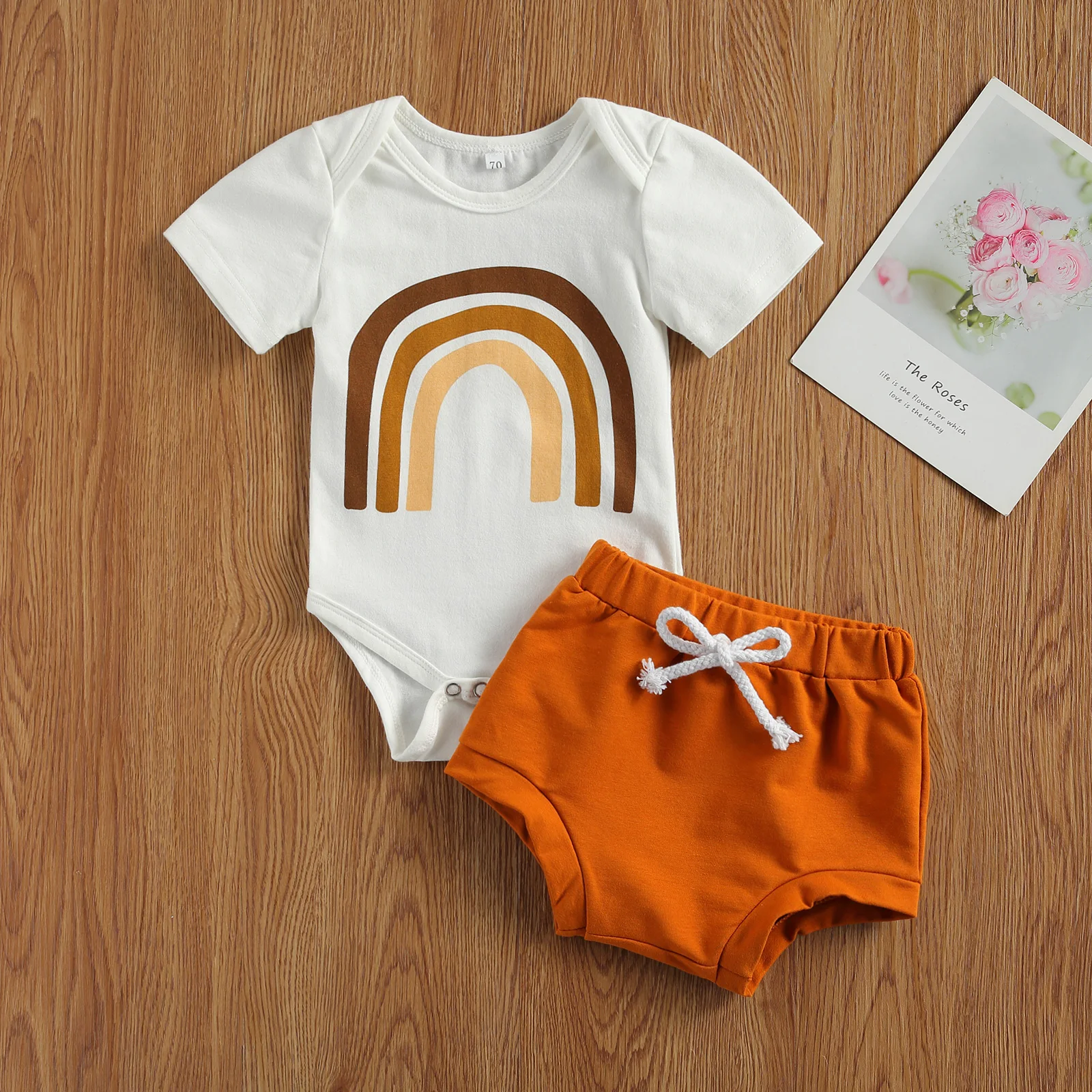 

Summer Casual Baby Girls Boys Clothes Sets Rainbow Print Short Sleeve Romper Tops Shorts 2PCS