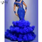 Королевское синее кружевное вечернее платье-Русалка 2020, Длинные вечерние платья, официальное платье из фатина с длинными рукавами и низом в несколько рядов