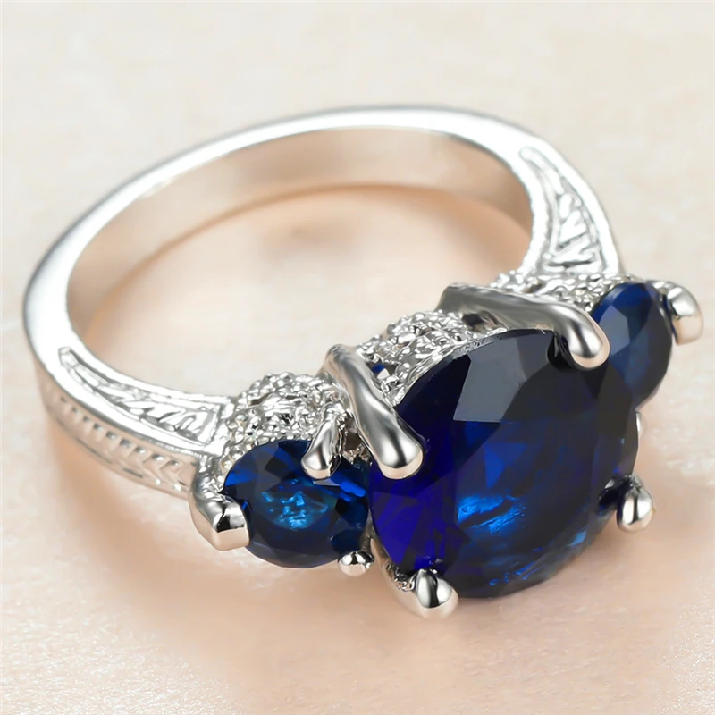 

Luxury Female Blue Crystal Stone Ring Charm Silver Color Wedding Rings For Women Promise Bride Round Zircon Engagement Ring