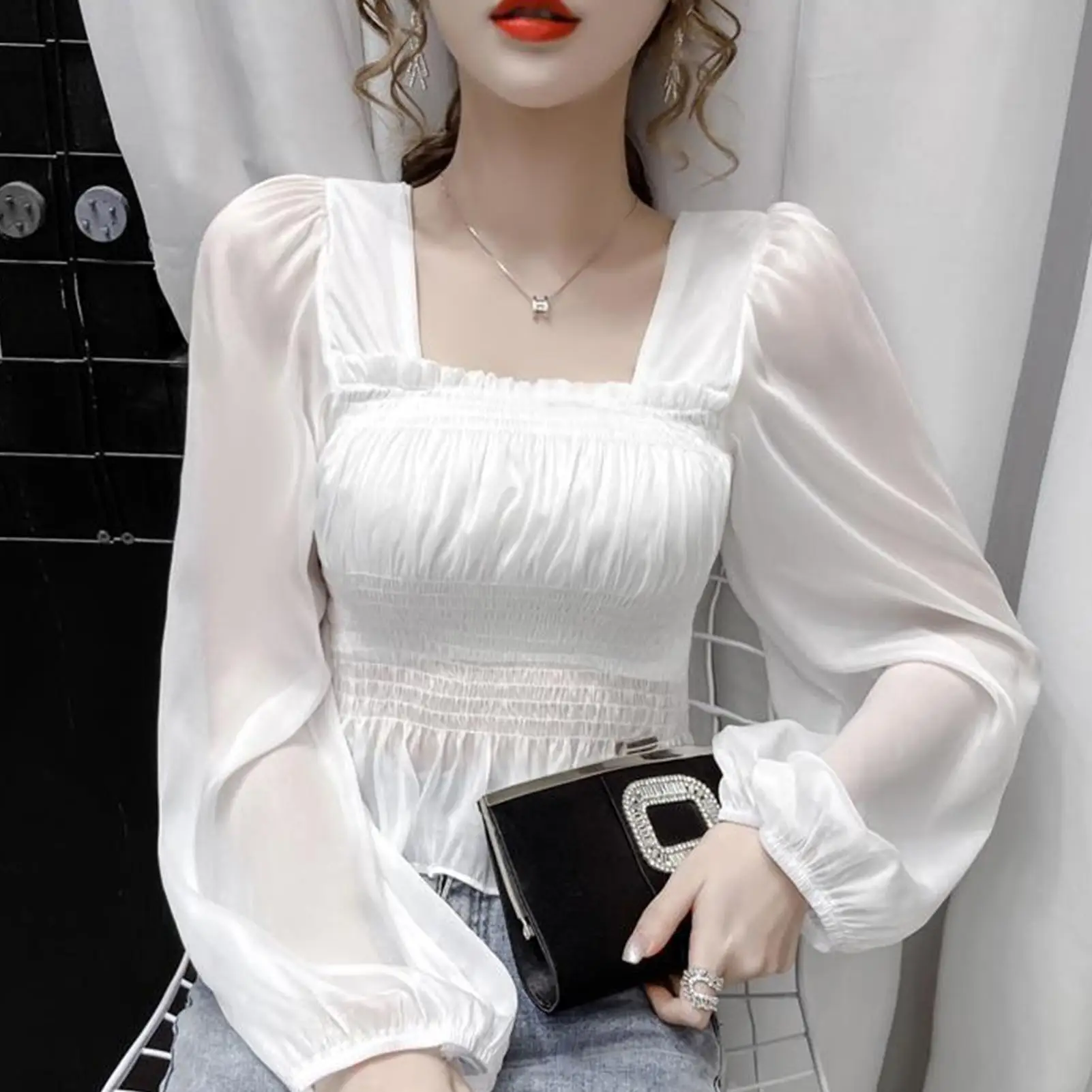

Блузка женская с пышными рукавами, Модная белая шифоновая Тонкая блузка с квадратным вырезом, топ, одежда
