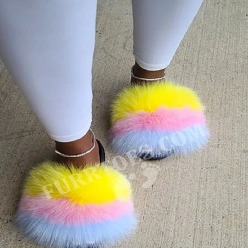 Real Fur Fluffy Slippers Women Ladies Shoes Zapatillas De Mujer Chanclas Mujer Fur Furry Slides Klapki Z Futerkiem Fuzzy Sandals images - 6