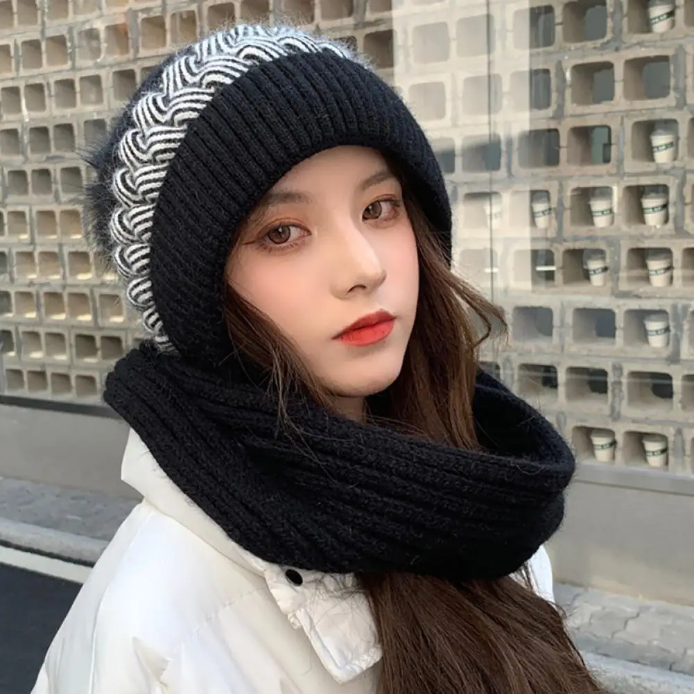 

Autumn Winter Simple No Brim Stretchy Hat Scarf Women Twist Pattern Brimless Beanie Hat Knitting Cap Scarf for Outdoor