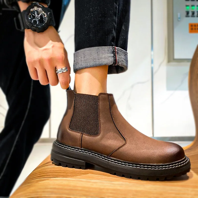 

Мужские ботинки челси, мужская кожаная обувь из воловьей кожи, однотонные теплые водонепроницаемые Нескользящие круглые ботинки