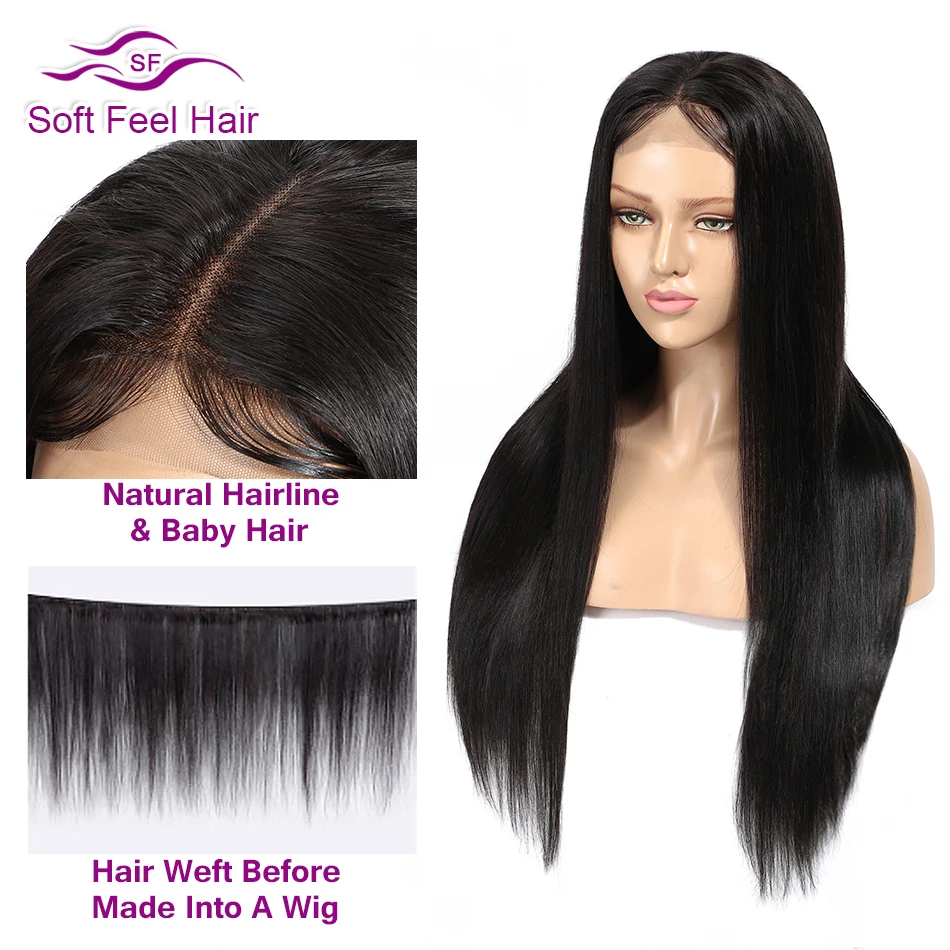 Soft Feel Hair 4*4 парики из натуральных волос, предварительно сорванные бразильские парики для черных женщин 1B Remy парик Средний часть