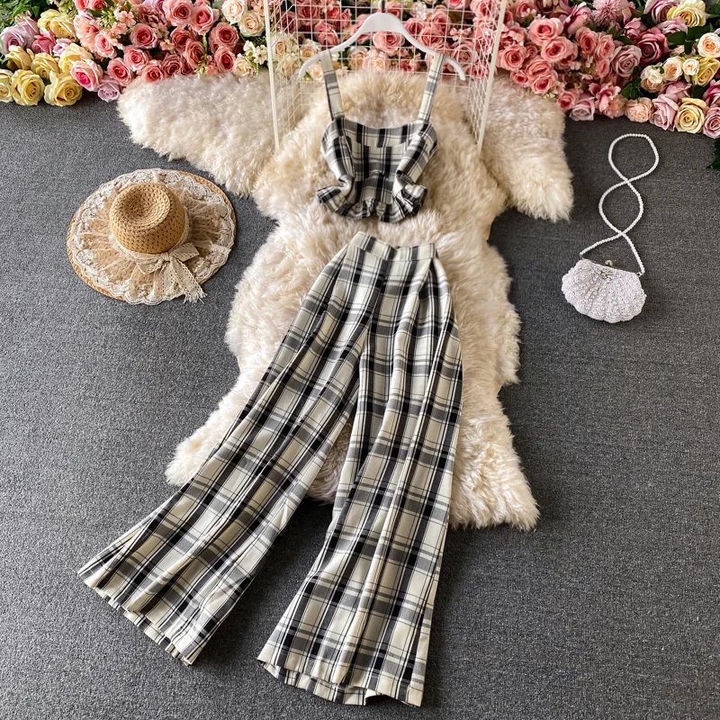 

YIZZHOY Summer New Arrival Women Vintage Plaid Sleeveless Sling Top High Waist Loose Casual Wide-leg Pants Ladies Two Piece Set