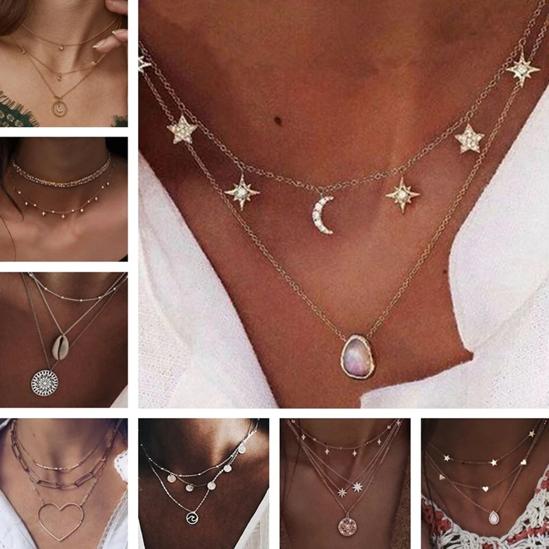 Tenande 2020 полые Звезды Луна Кристалл ракушки кулоны ожерелья для женщин винтажные