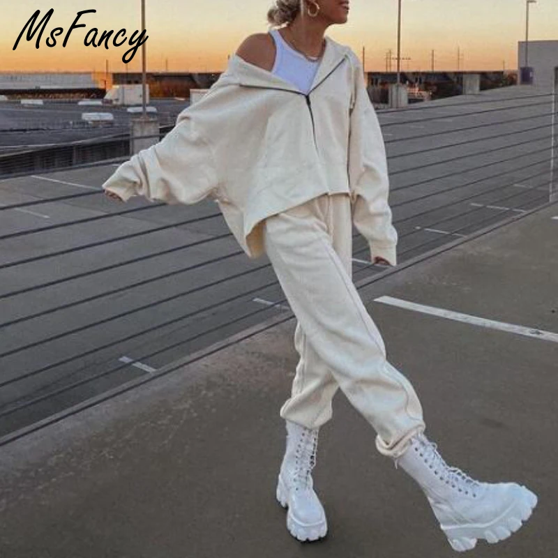 

Msfancy Pant Set Women 2021 Fall Batwing Sleeve Hooded Jacket Elastic Waist Cargo Pants Mujer 2 Piece Casual Suit Outwear