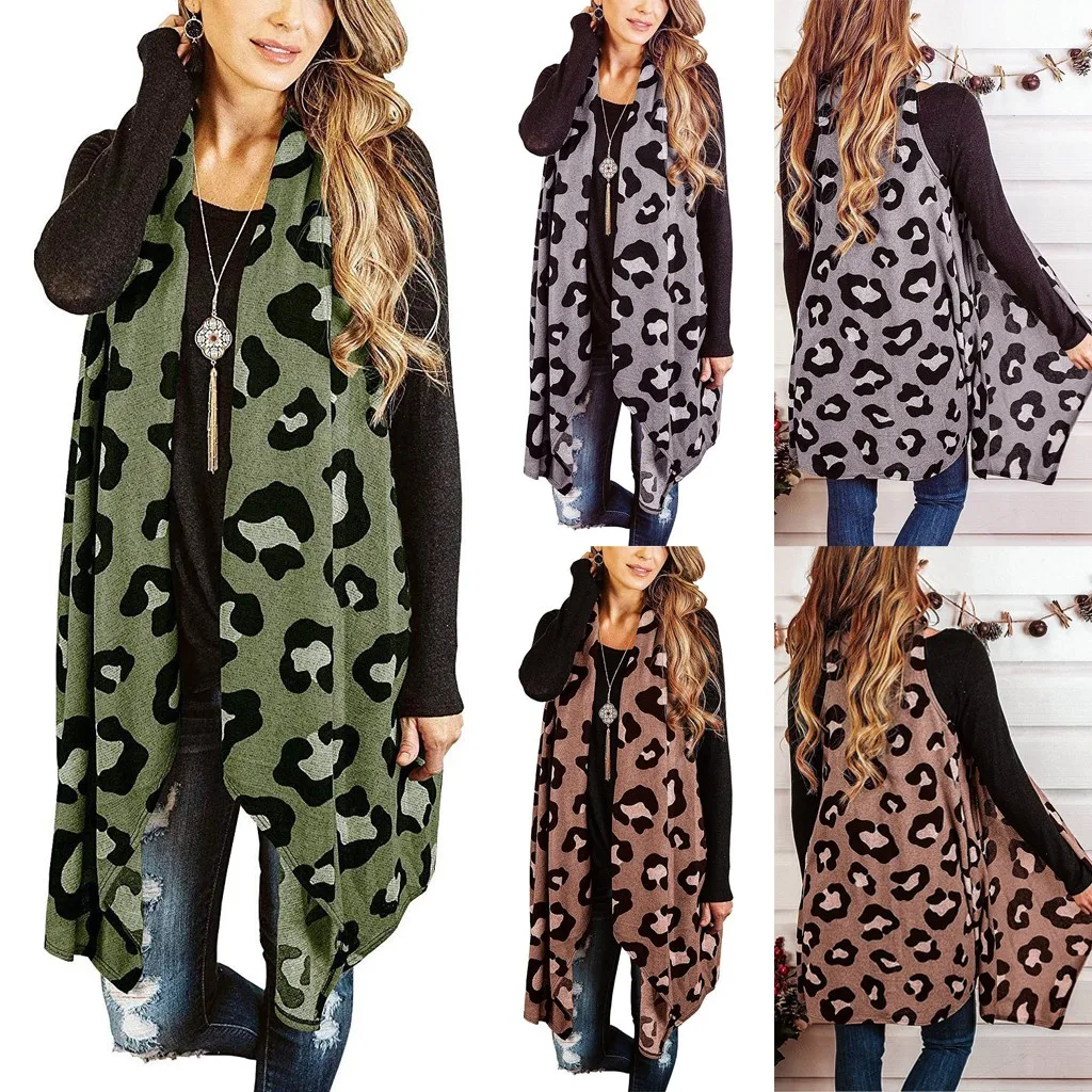 

Hot Women's Autumn Winter Open Front Leopard Cardigan Jacket Slim Vintage leeveless Duster Draped Vests Sexy Female Overcoat
