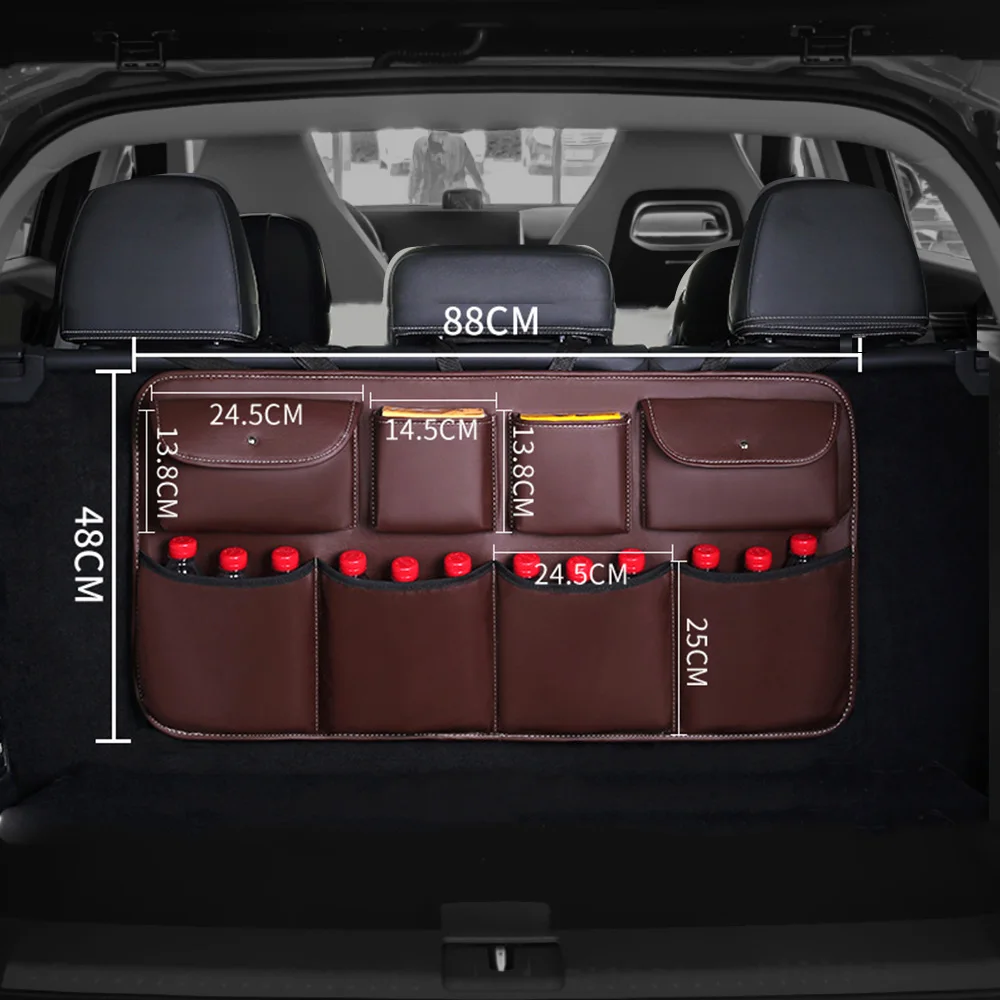 

Car Rear Seat Storage Bag Car Trunk Organizer Back Multi Hanging Nets Pocket Auto Stowing Tidying PU Leather Auto Car Styling