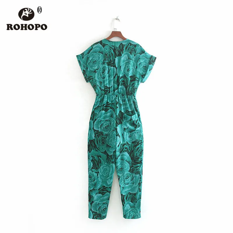 ROHOPO короткий рукав цветочный топ пуговицы мухами низ комбинезон женский осенний