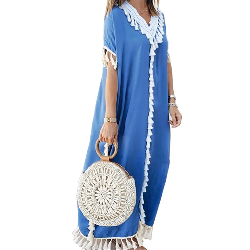 

2021 summer women's dress fashion casual loose large size short sleeve dress V-neck long dress Beach dress Party dresses robe