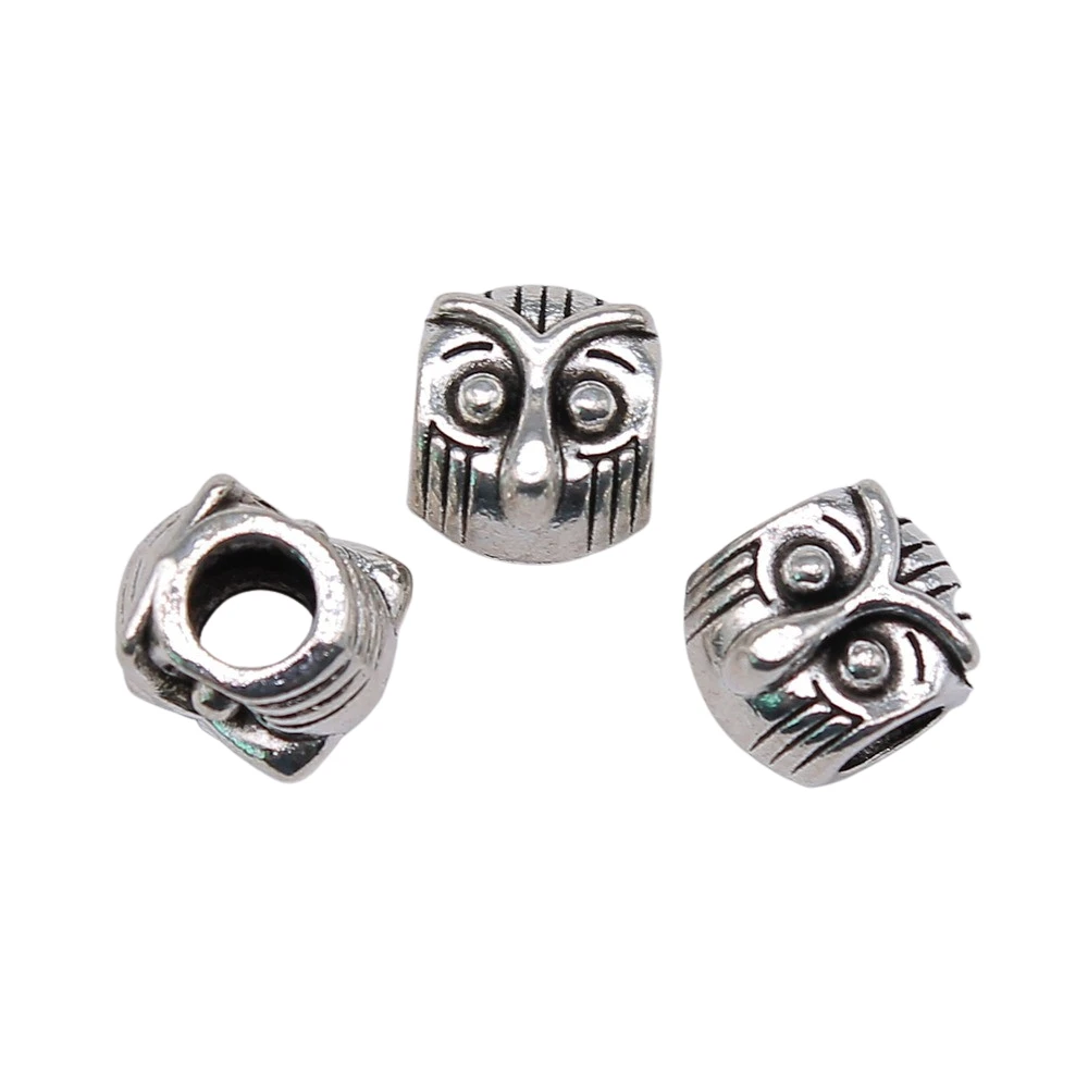 Бусины с большим отверстием в виде совы для изготовления браслетов, 10 шт., 9 х9х10 мм, сделай сам, для изготовления ювелирных изделий, античное серебро