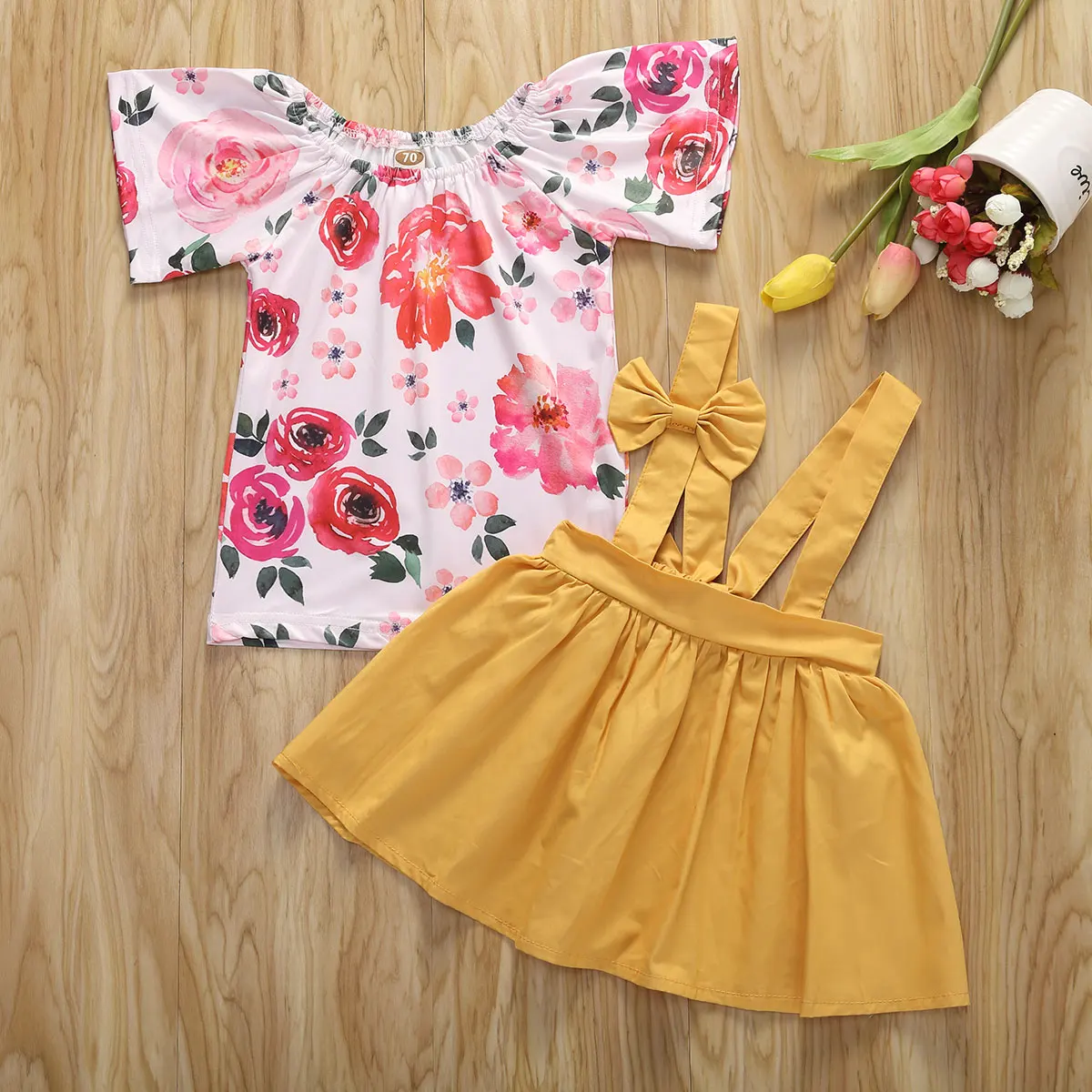 

Baby Girls Clothing Sets Floral Printed Long Sleeve Top + Solid Strappy Skirt 3M-3T Infant Toddler Kids Casual Cotton Outfits