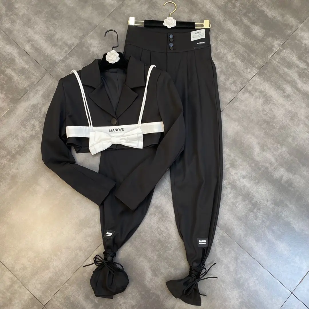 

Костюм ZCSMLL из двух предметов, с отложным воротником, с длинным рукавом, с бантом, с брюками с высокой талией и манжетами, лето-осень 2021