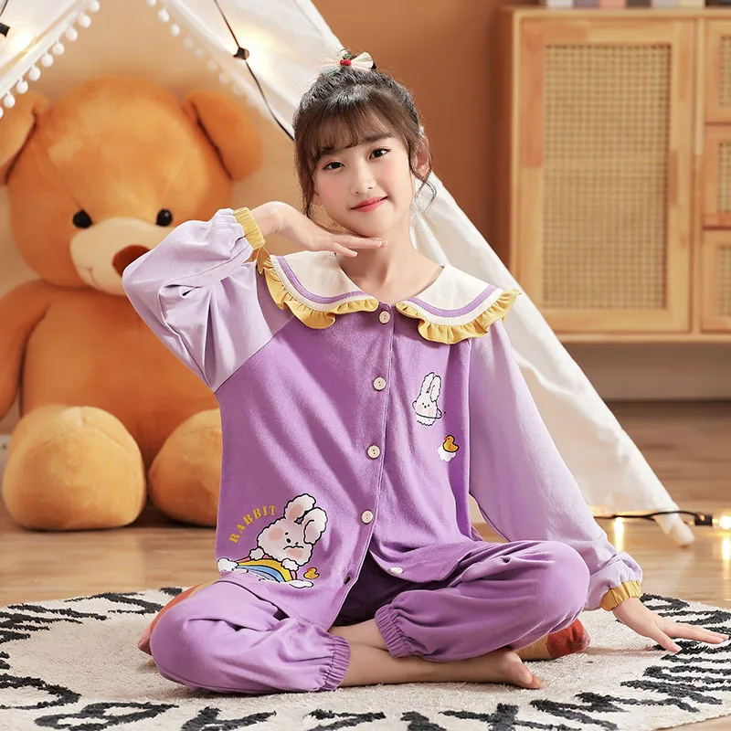 

Новинка, Детские утепленные пижамные комплекты для девочек, Милая футболка с мультяшным принтом и штаны для маленьких девочек, весенне-осен...