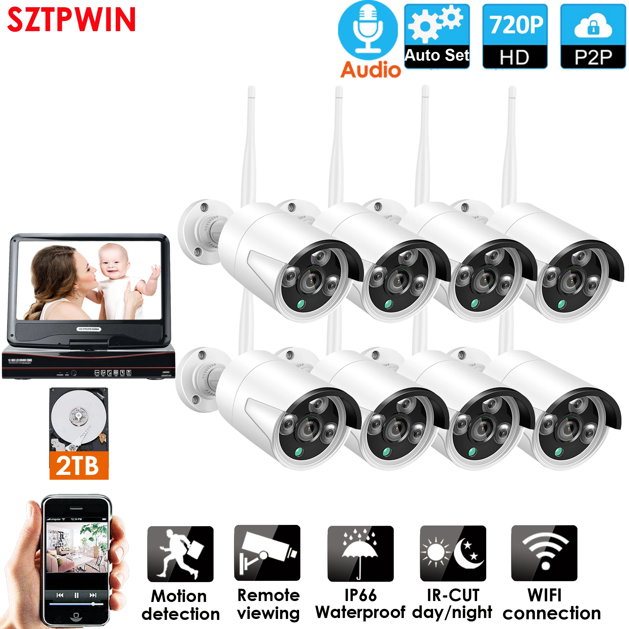 Беспроводная система видеонаблюдения 8 канальная аудиосистема с ЖК монитором 10 1