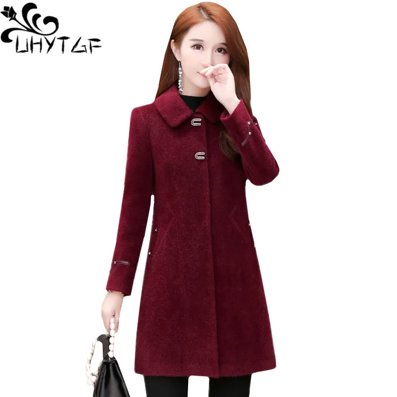 

UHYTGF Wool coat women quality mink cashmere Double-sided cashmere winter woolen coat women elegant mom 4XL plus size jacket 810