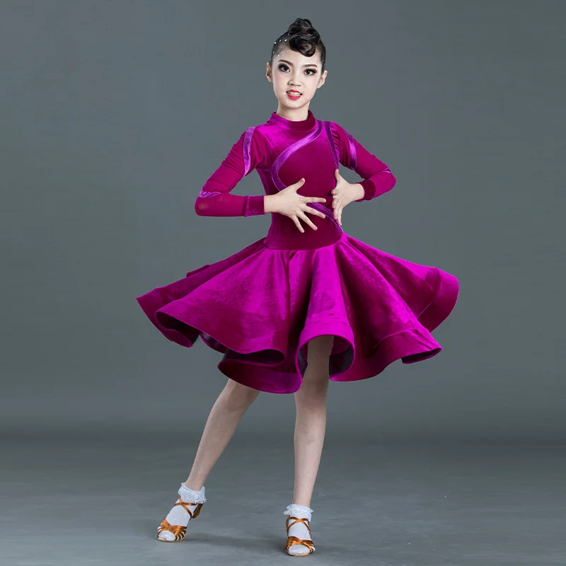 

2020 velvet long sleeves latin dance dress for children girls competition ballroom kids tango salsa dancewear practice wear cha