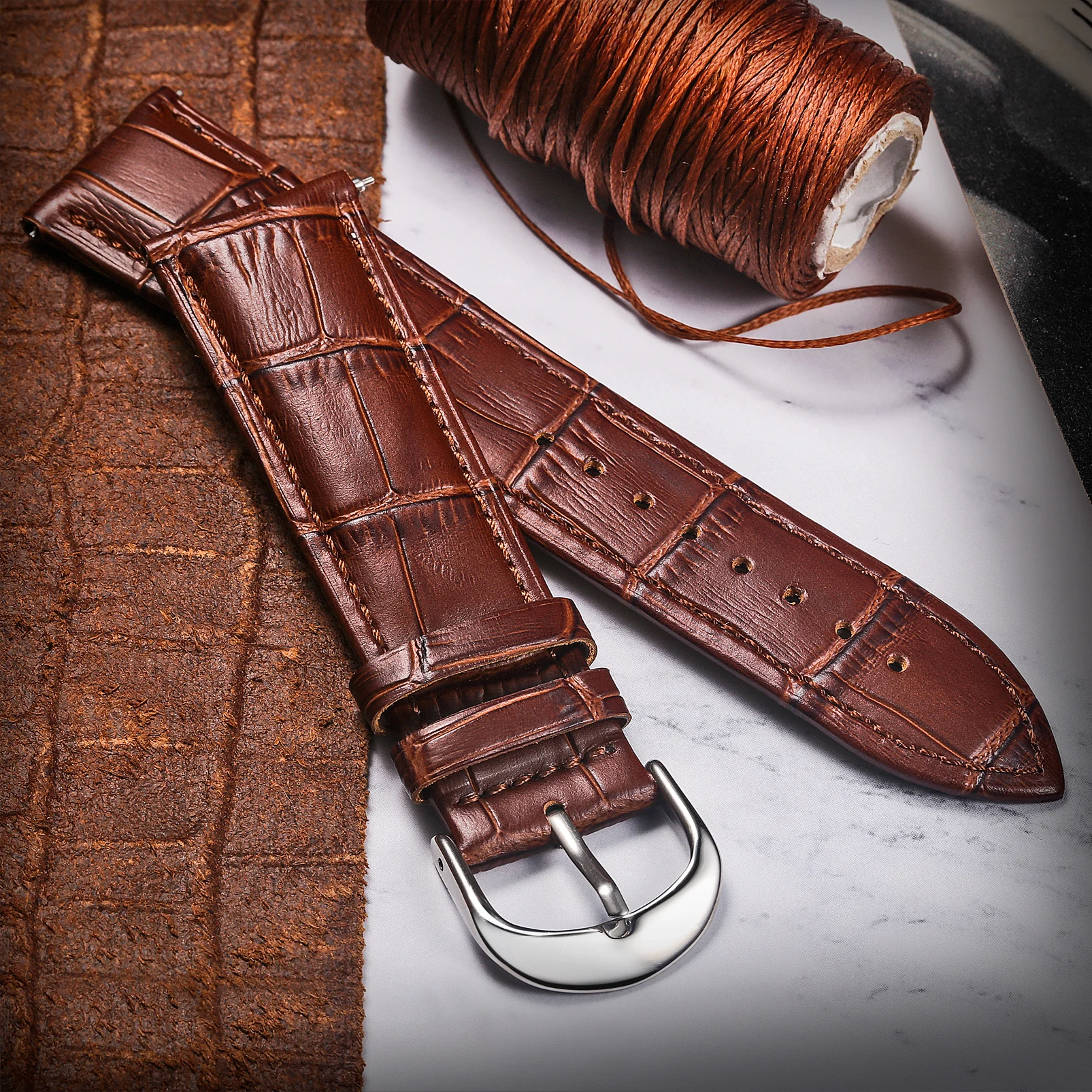 Alligator Embossed Leahter Watch Bands Quick Release Brown Handmade Top Grain Replacement Watches Strap 16mm 18mm 20mm 22mm | Наручные