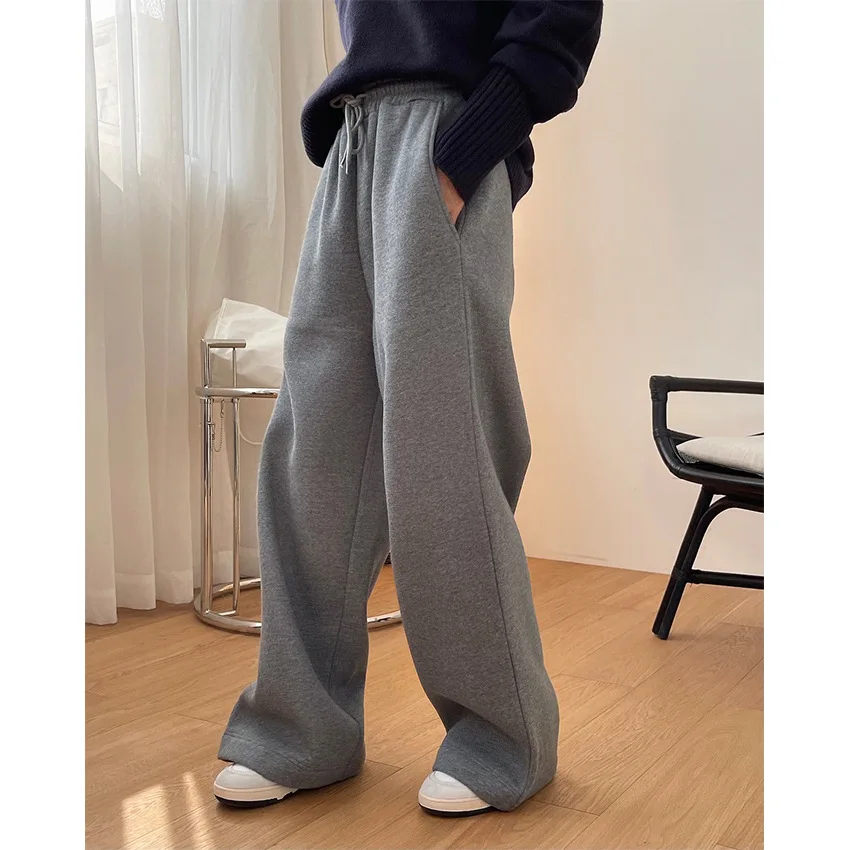

1733 New Autumn Women Sports Pants Plus Velvet Warm Wide Legs Loose Gray Sweatpants All-Match Female Casual Trousers High Waist