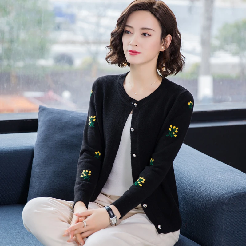 

Women Winter Sweater Cardigans Flora embroidery o neck Button Big Pocket Knit Jacket Loose Coat Casual sueter feminino