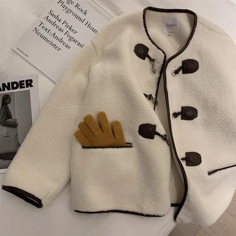 

Женская зимняя куртка из искусственного меха ягненка, элегантная утепленная однобортная однотонная модная верхняя одежда, свободное винта...