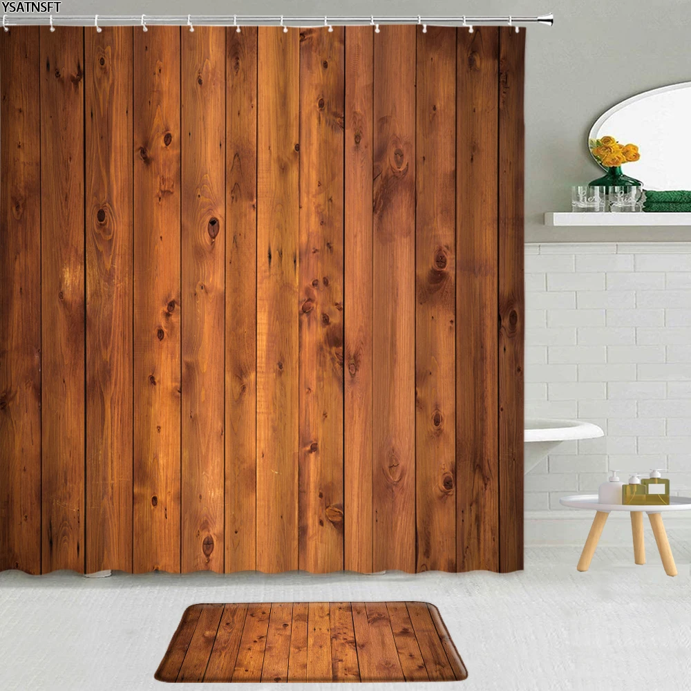 

2Pcs Retro Wood Board Grain Shower Curtain Color Striped Print Pattern Non-Slip Carpet Bath Mat Bathroom Curtains Set Washable