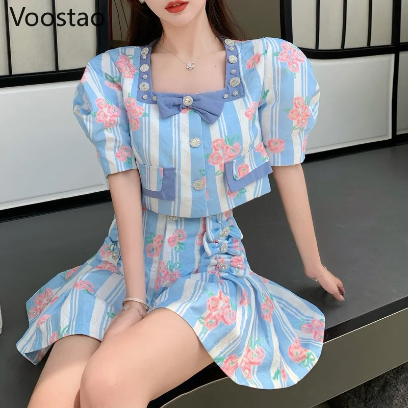 

Elegant Fashion Two Piece Set Women Korean Square Collar Floral Print Bow Puff Sleeve Blouse Crop Tops High Waist Shorts Skirts