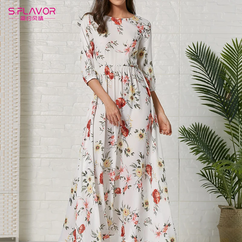 S.FLAVOR белое с цветочным принтом бохо длинное платье для женщин круглый вырез