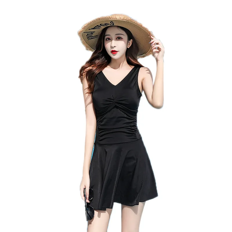 

One-Piece Swimsuit Women's Black Swimming Suit Siamese Conservative plus Size Solid Color New Swimwear