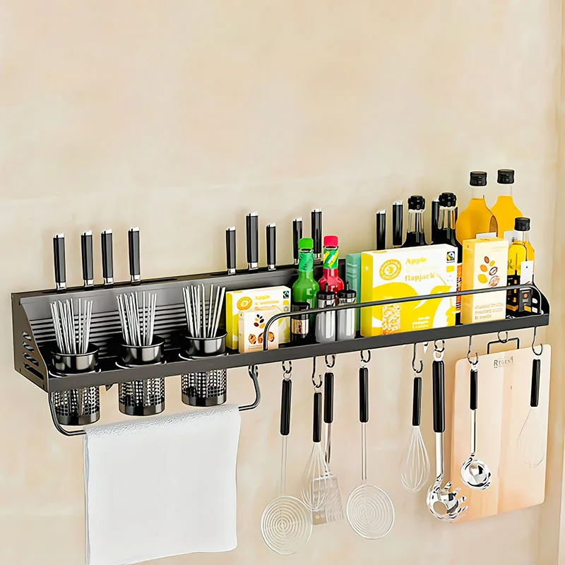 

Kitchen Shelf Wall Mounted Kitchen Storage Rack Seasoning Rack Space Aluminum Multifunctional Hole Free Kitchen Storage