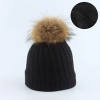 new winter women thick warm plaid knitted beanies caps lady detachable real fur pompom skullcap skullies hats gorros