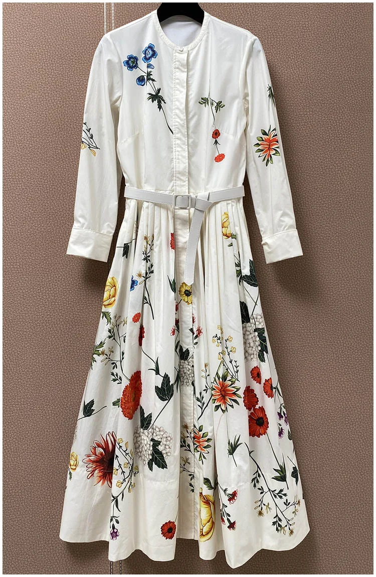 

Women Cotton Dress 2021 Spring Summer Female Vintage Floral Print Slim Medium Length Holiday Long Sleeve 100% Cotton Dress Belt