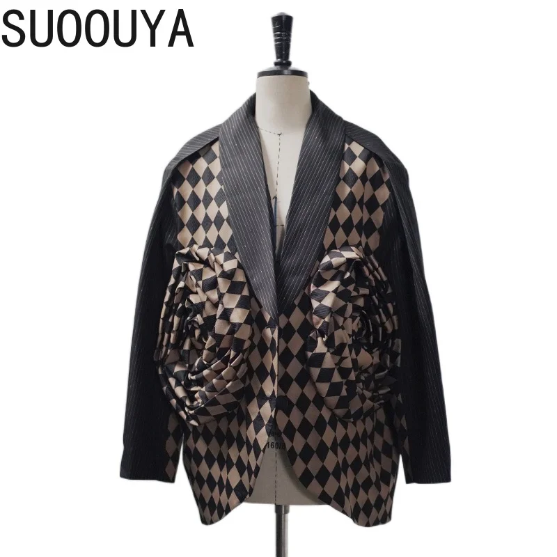 

[SUOOUYA] Loose Fit Black Flower Plaid Three-dimensional Big Size Jacket Lapel Long Sleeve Women Coat Fashion Tide Spring 2021