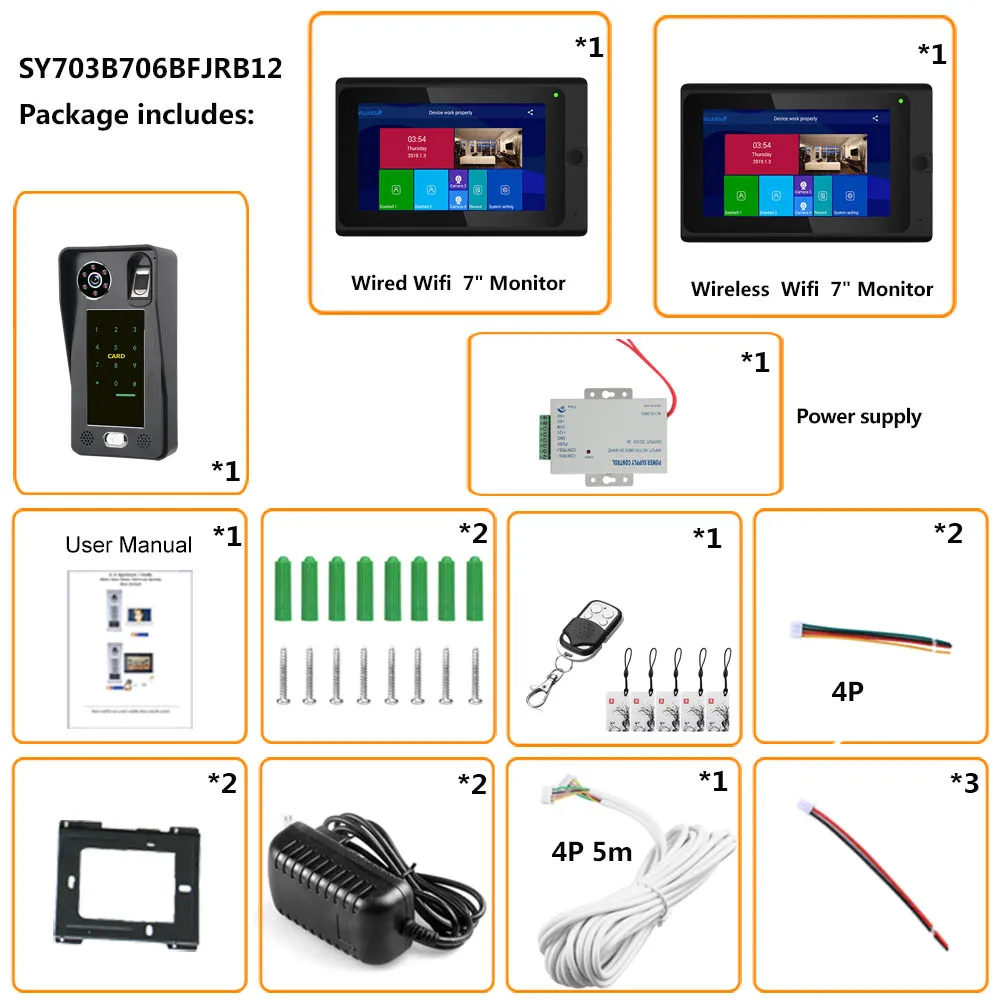 7 inch 2 Monitors Wifi Wireless Fingerprint IC Card Video Door Phone Doorbell Intercom System with Wired AHD 1080P Acce | Безопасность и