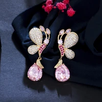 threegraces delicate insect butterfly dangle earrings for women shiny pink cubic zirconia gold color fashion party jewelry er713