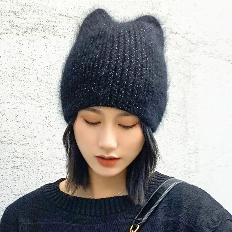 

New Adult female Real Rabbit fur beanies Winter women thick warm knitted beanies Caps Crochet hat gorros