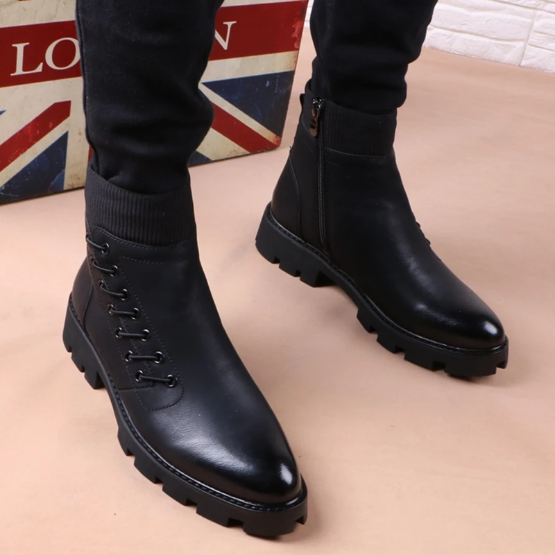 S Leisure Cowboy Boots Natural Leather Platform Shoes Black 
