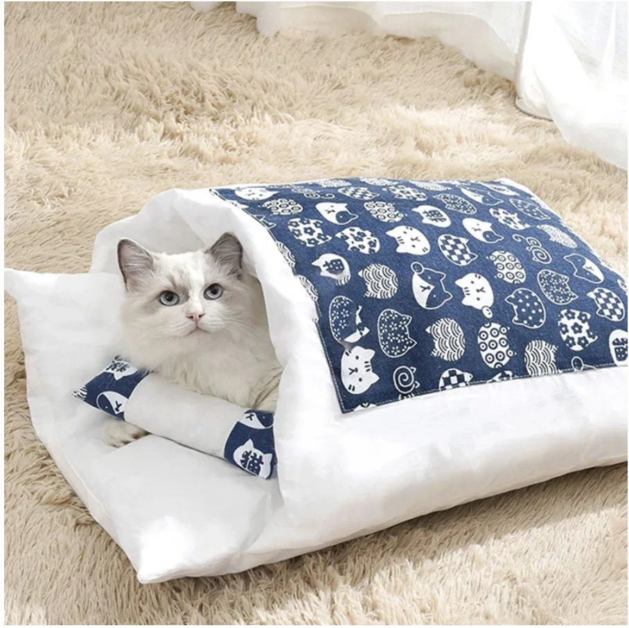 

Japanese Cat Bed Winter Removable Warm Cat Sleeping Bag Deep Sleep Pet Dog Mat House Kitty Nest Cushion with Pillow Cat Supplies