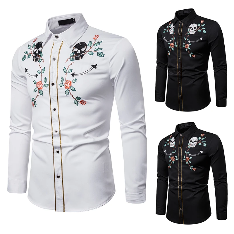 MJartoria новые мужские западные череп ковбоя цветок вышивка рубашка Slim Fit повседневные Длинные рукава пуговицы вниз вечерние мужские рубашки
